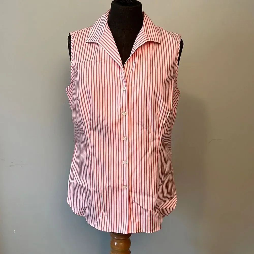 Jones New York Women's Red White Striped Button front Sleeveless Blouse
